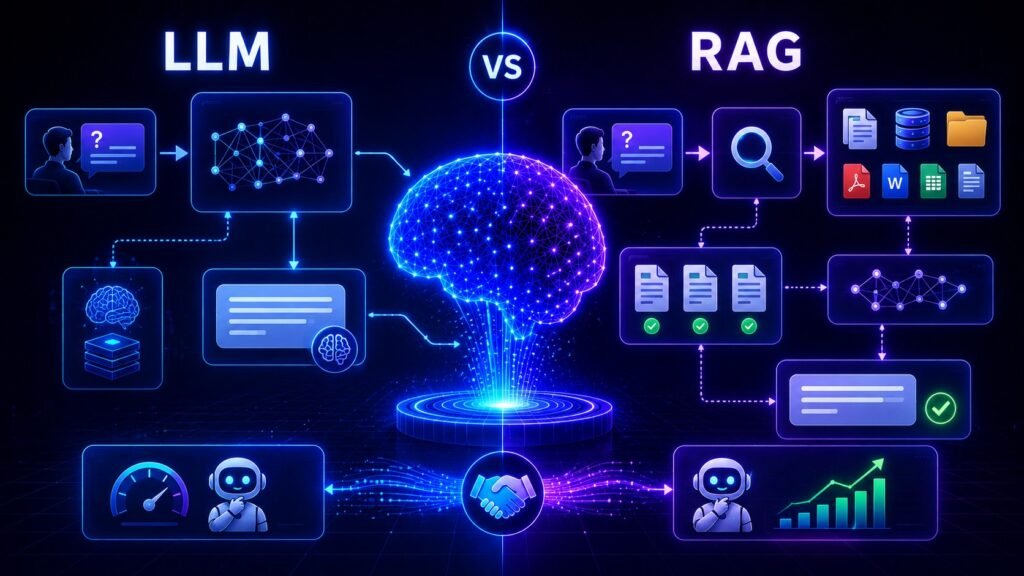 LLM vs rag explained: LLM vs RAG visual showing AI model knowledge, retrieval pipelines, document grounding, and answer generation