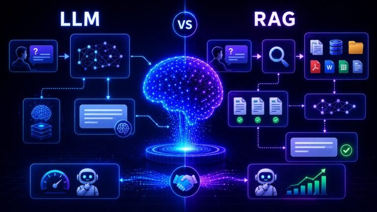 LLM vs rag explained: LLM vs RAG visual showing AI model knowledge, retrieval pipelines, document grounding, and answer generation