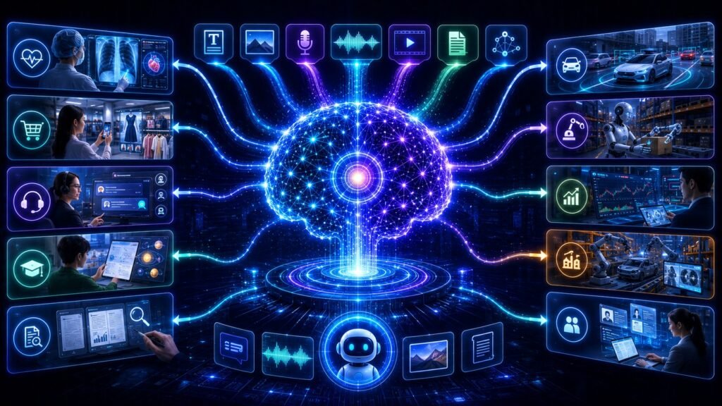 Multimodal AI examples visual showing healthcare, retail, education, robotics, customer support, documents, images, audio, video, and AI reasoning connected together