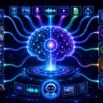 Multimodal AI examples visual showing healthcare, retail, education, robotics, customer support, documents, images, audio, video, and AI reasoning connected together