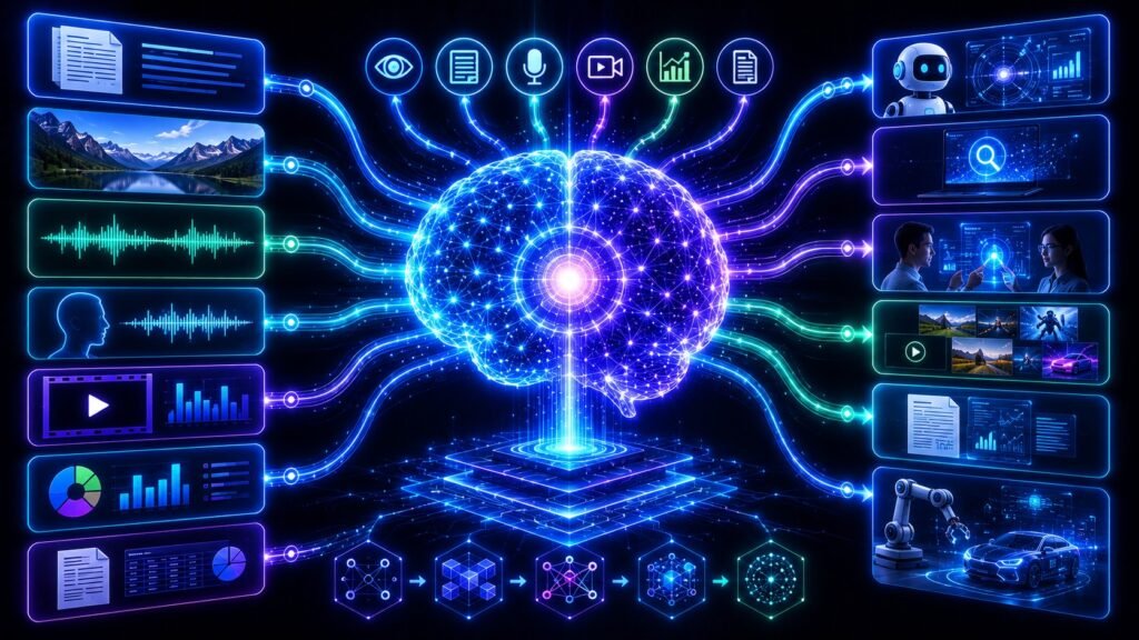 Multimodal AI explained simply: Multimodal AI explained visually with text, images, audio, video, documents, charts, and AI reasoning connected in one intelligent system
