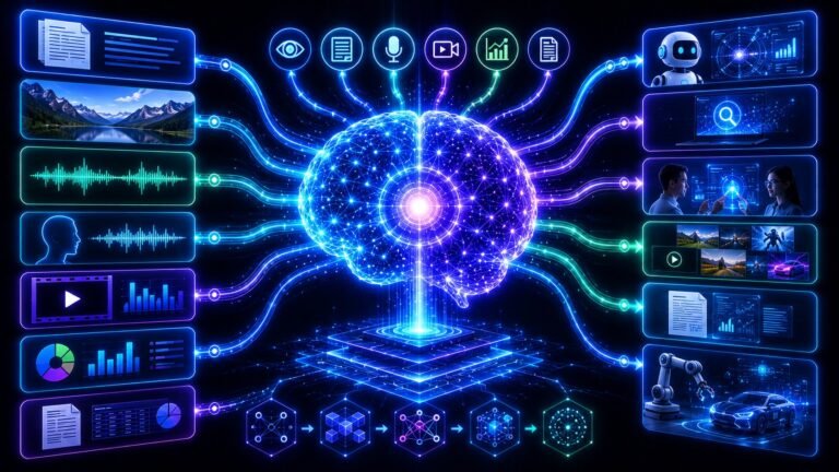 Multimodal AI explained simply: Multimodal AI explained visually with text, images, audio, video, documents, charts, and AI reasoning connected in one intelligent system