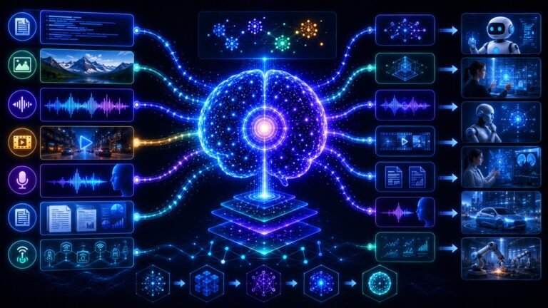 Multimodal AI for beginners visual showing text, images, audio, video, documents, charts, and AI reasoning connected in one intelligent system