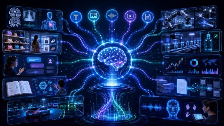 Multimodal AI use cases : Multimodal AI use cases visual showing healthcare, retail, education, robotics, customer support, finance, documents, images, audio, video, and AI reasoning connected together