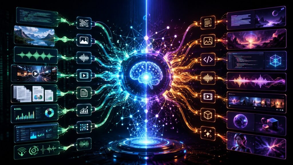 Multimodal AI vs generative AI: Multimodal AI vs generative AI comparison showing multimodal inputs, AI reasoning, content generation, text, images, audio, video, and documents