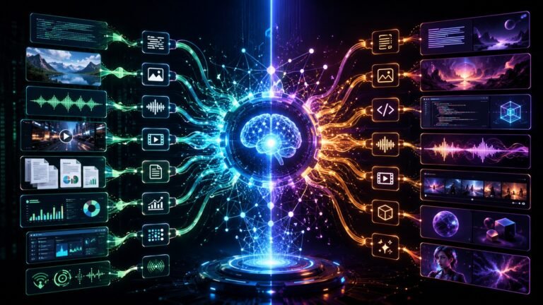 Multimodal AI vs generative AI: Multimodal AI vs generative AI comparison showing multimodal inputs, AI reasoning, content generation, text, images, audio, video, and documents