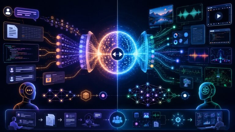 Multimodal AI vs LLMs : Multimodal AI vs LLMs comparison showing text-only language models, multimodal inputs, images, audio, video, documents, and AI reasoning