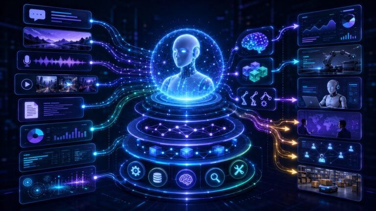 Multimodal reasoning visual showing AI connecting text, images, audio, video, documents, charts, embeddings, and reasoning paths into one answer