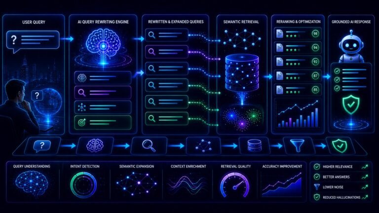 Query rewriting for RAG visual showing semantic query optimization, embeddings, vector databases, and AI retrieval pipelines