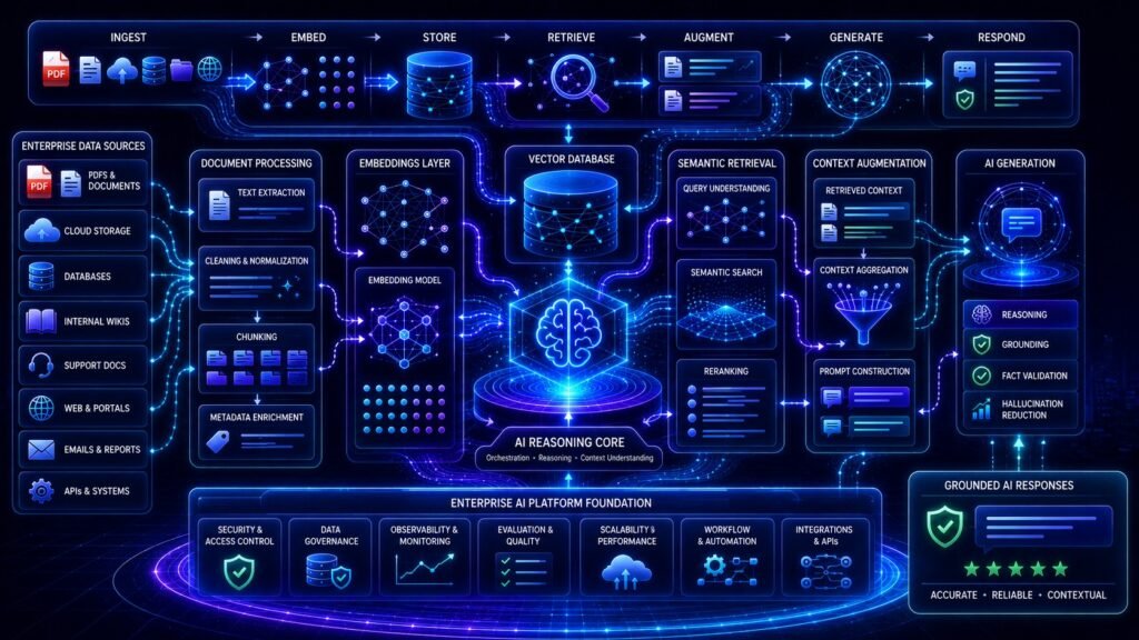 RAG architecture explained visual showing semantic retrieval, embeddings, vector databases, AI pipelines, and enterprise knowledge systems