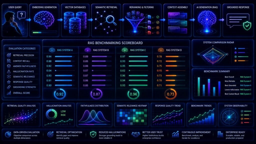 RAG benchmark basics visual showing AI evaluation dashboards, retrieval scoring, semantic search benchmarking, and grounded AI systems