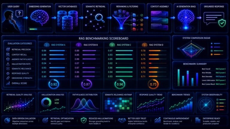 RAG benchmark basics visual showing AI evaluation dashboards, retrieval scoring, semantic search benchmarking, and grounded AI systems