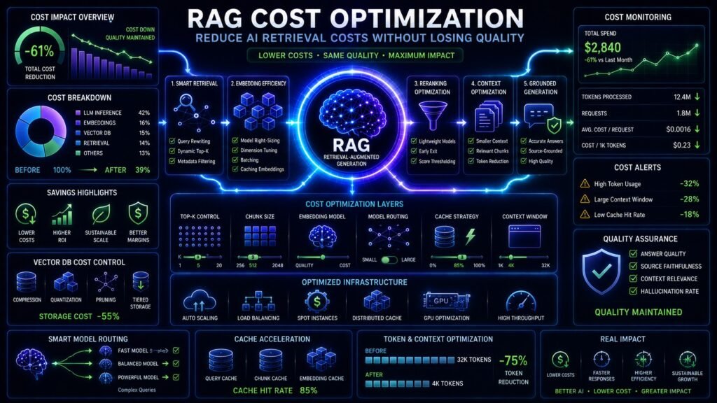 RAG cost optimization visual showing vector database tuning, caching, LLM inference savings, and enterprise AI infrastructure