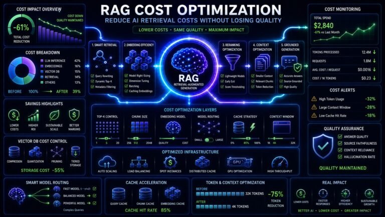 RAG cost optimization visual showing vector database tuning, caching, LLM inference savings, and enterprise AI infrastructure