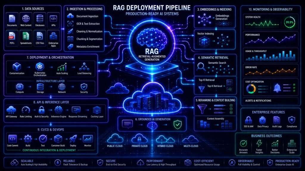 RAG deployment Basics architecture showing vector databases, semantic retrieval pipelines, cloud infrastructure, and AI monitoring systems