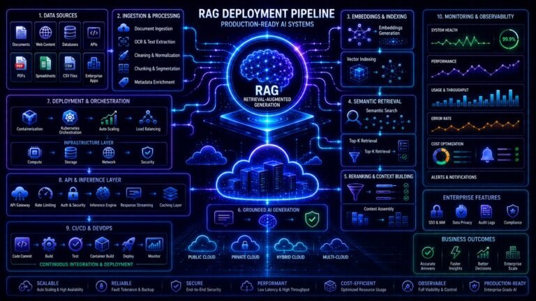 RAG deployment Basics architecture showing vector databases, semantic retrieval pipelines, cloud infrastructure, and AI monitoring systems