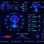 RAG evaluation metrics visual showing retrieval quality scoring, hallucination detection, semantic relevance, and AI benchmarking dashboards