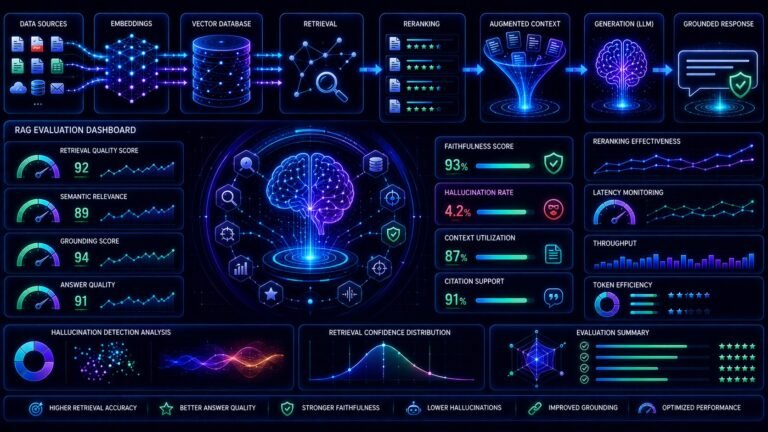 RAG evaluation metrics visual showing retrieval quality scoring, hallucination detection, semantic relevance, and AI benchmarking dashboards