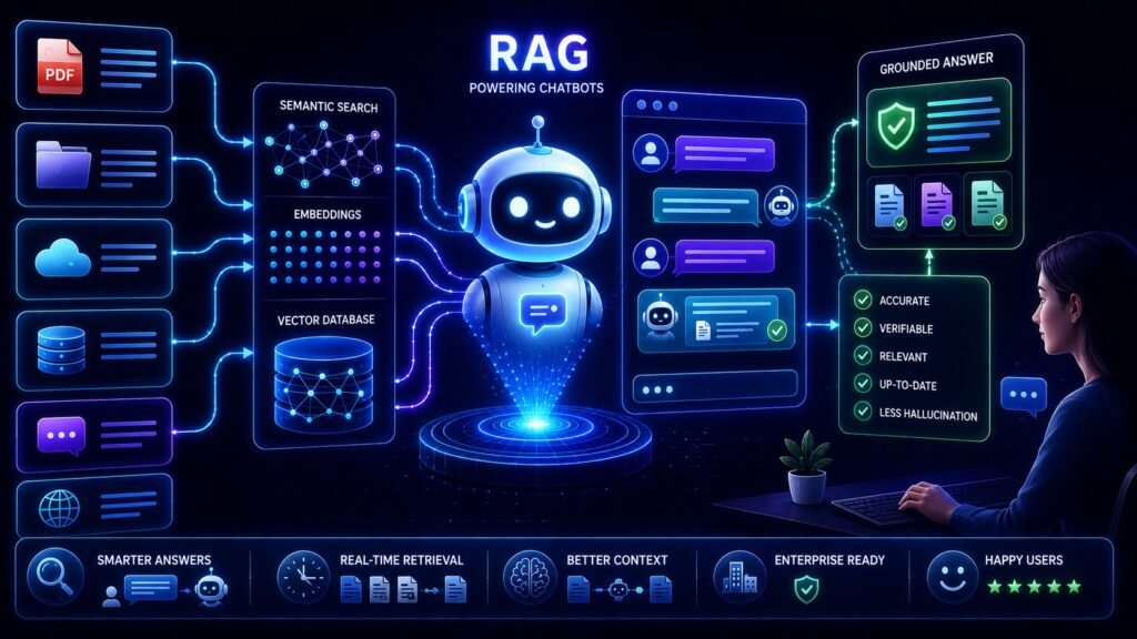 RAG for chatbots visual showing AI retrieval pipelines, semantic search, grounded responses, and enterprise chatbot workflows
