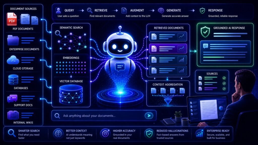 RAG for document search visual showing AI retrieval pipelines, semantic search, vector databases, and intelligent document discovery