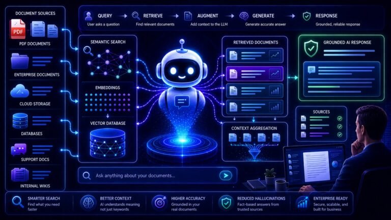 RAG for document search visual showing AI retrieval pipelines, semantic search, vector databases, and intelligent document discovery
