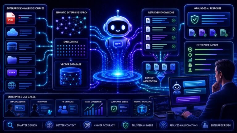 RAG for enterprise search visual showing AI retrieval pipelines, semantic search, vector databases, and enterprise knowledge discovery