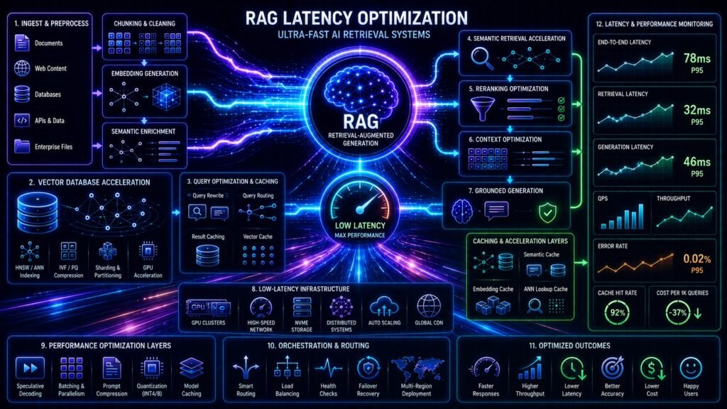 RAG latency optimization architecture showing vector databases, semantic retrieval acceleration, caching systems, and AI inference optimization