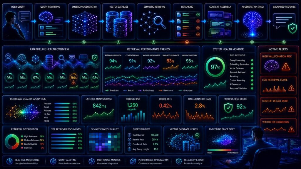 RAG monitoring visual showing AI observability dashboards, semantic retrieval analytics, hallucination detection, and enterprise AI systems