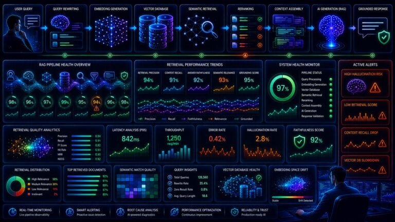 RAG monitoring visual showing AI observability dashboards, semantic retrieval analytics, hallucination detection, and enterprise AI systems