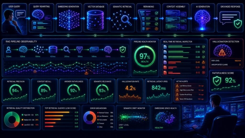 RAG observability visual showing AI monitoring dashboards, retrieval tracing systems, semantic search analytics, and hallucination detection