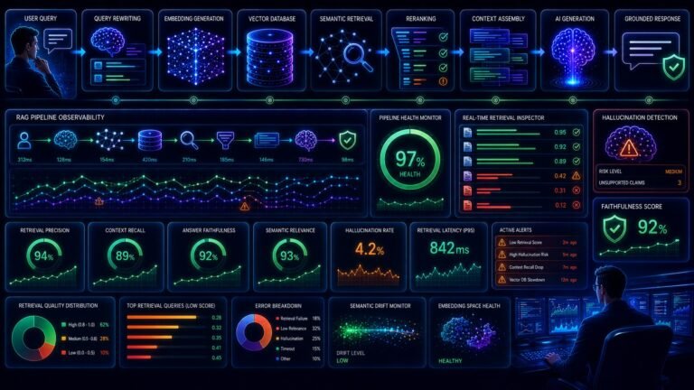 RAG observability visual showing AI monitoring dashboards, retrieval tracing systems, semantic search analytics, and hallucination detection
