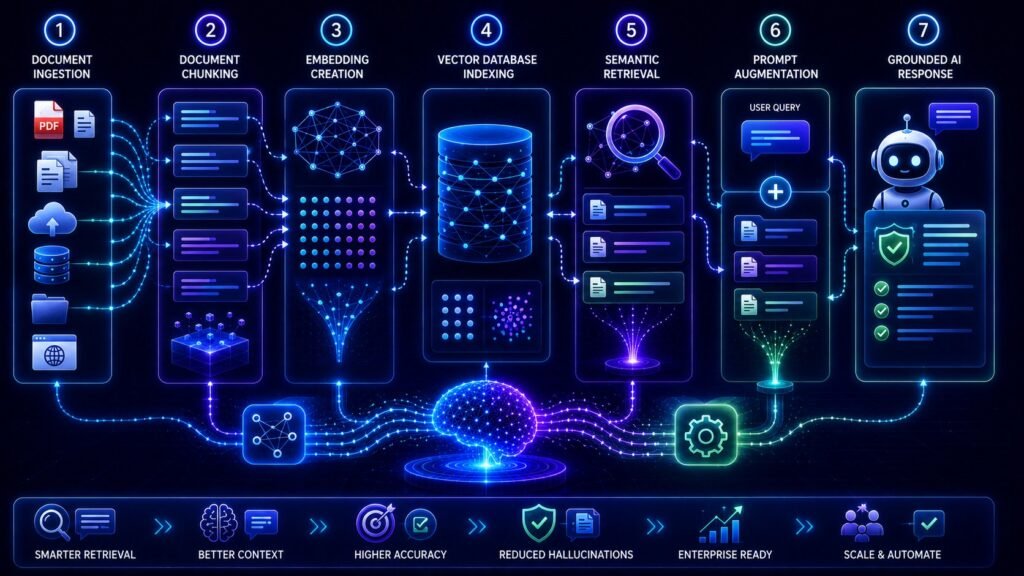 RAG pipeline explained visual showing embeddings, retrieval systems, vector databases, semantic search, and AI response generation