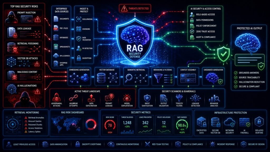 RAG security risks architecture showing prompt injection attacks, vector database threats, semantic retrieval vulnerabilities, and enterprise AI protection