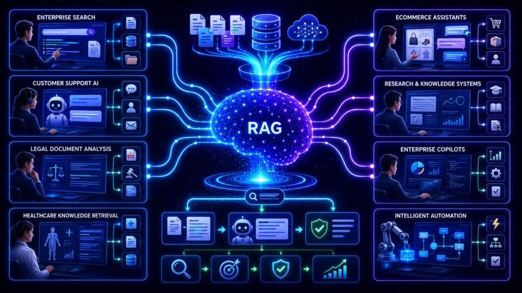 RAG use cases visual showing enterprise AI retrieval systems, document search, customer support AI, and grounded intelligent assistants