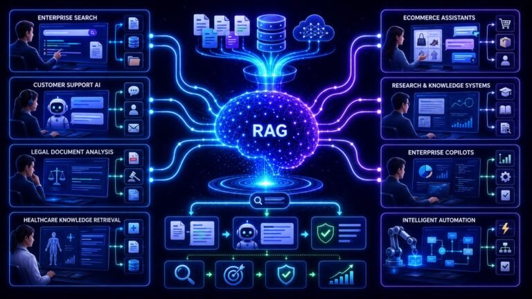RAG use cases visual showing enterprise AI retrieval systems, document search, customer support AI, and grounded intelligent assistants