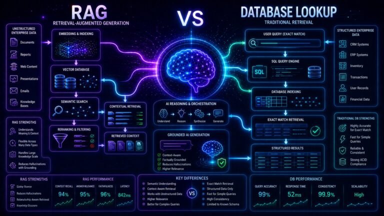 RAG vs database lookup comparison showing semantic retrieval systems, SQL databases, vector databases, and enterprise AI architectures