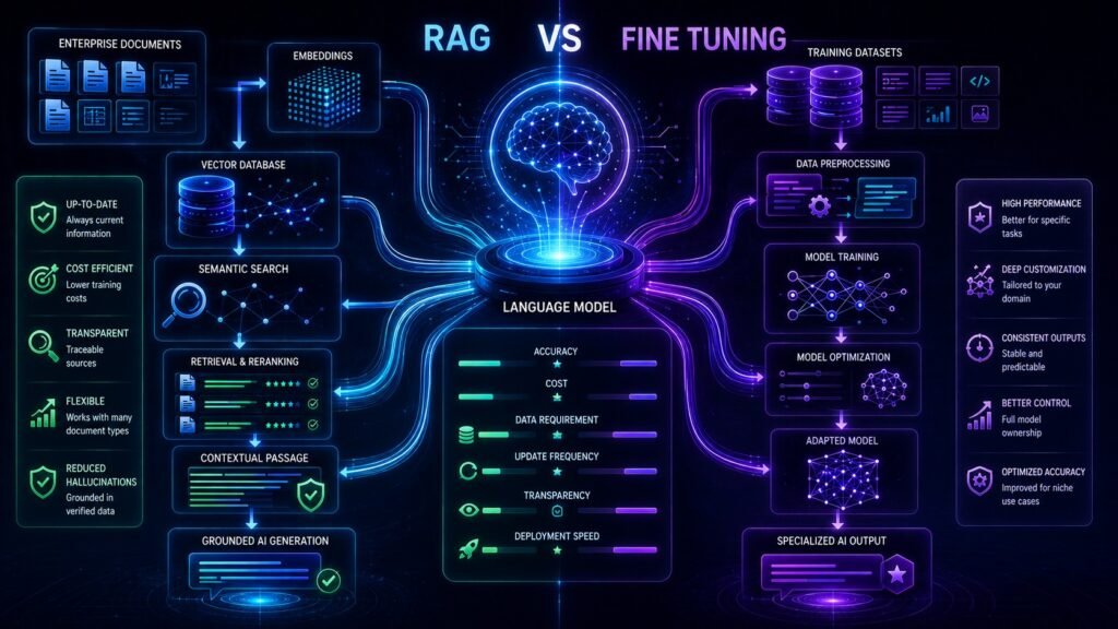 RAG vs fine tuning comparison showing retrieval pipelines, semantic search systems, training workflows, and AI customization methods