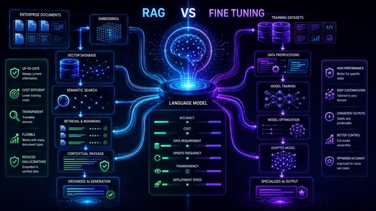 RAG vs fine tuning comparison showing retrieval pipelines, semantic search systems, training workflows, and AI customization methods