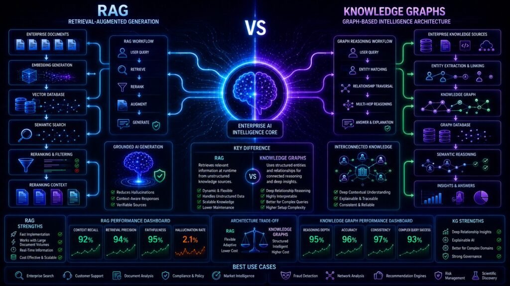 RAG vs knowledge graphs comparison showing semantic retrieval systems, graph databases, entity relationships, and grounded AI architectures