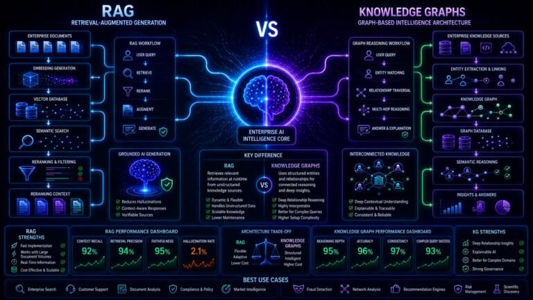 RAG vs knowledge graphs comparison showing semantic retrieval systems, graph databases, entity relationships, and grounded AI architectures