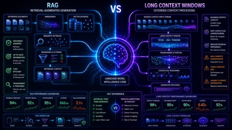 RAG vs long context windows comparison showing semantic retrieval systems, transformer attention layers, vector databases, and grounded AI architectures