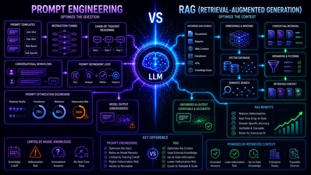 RAG vs prompt engineering comparison showing semantic retrieval systems, prompt optimization workflows, vector databases, and grounded AI generation