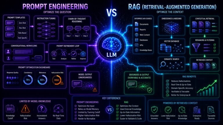 RAG vs prompt engineering comparison showing semantic retrieval systems, prompt optimization workflows, vector databases, and grounded AI generation