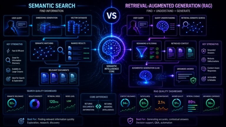 RAG vs semantic search comparison showing vector databases, semantic retrieval workflows, grounded AI generation, and enterprise search systems