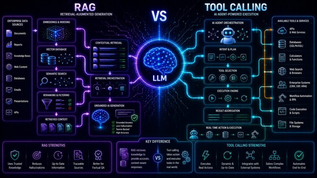 RAG vs tool calling comparison showing semantic retrieval systems, AI agents, API orchestration, vector databases, and grounded AI generation