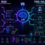 RAG vs tool calling comparison showing semantic retrieval systems, AI agents, API orchestration, vector databases, and grounded AI generation