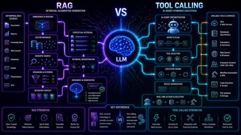 RAG vs tool calling comparison showing semantic retrieval systems, AI agents, API orchestration, vector databases, and grounded AI generation
