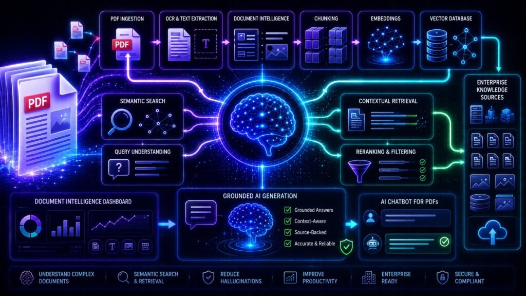 RAG with PDFs architecture showing semantic document retrieval, vector databases, embeddings, and grounded AI generation