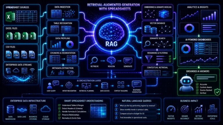 RAG with spreadsheets architecture showing Excel files, CSV retrieval, vector databases, semantic search, and grounded AI analytics