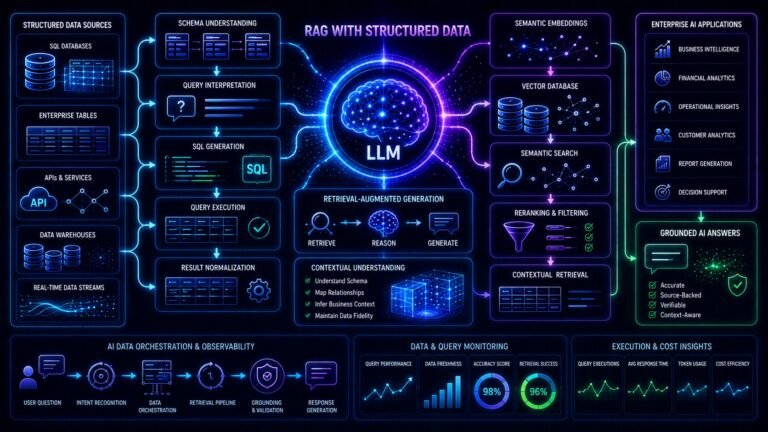 RAG with structured data architecture showing SQL databases, semantic retrieval, vector databases, APIs, and grounded AI generation